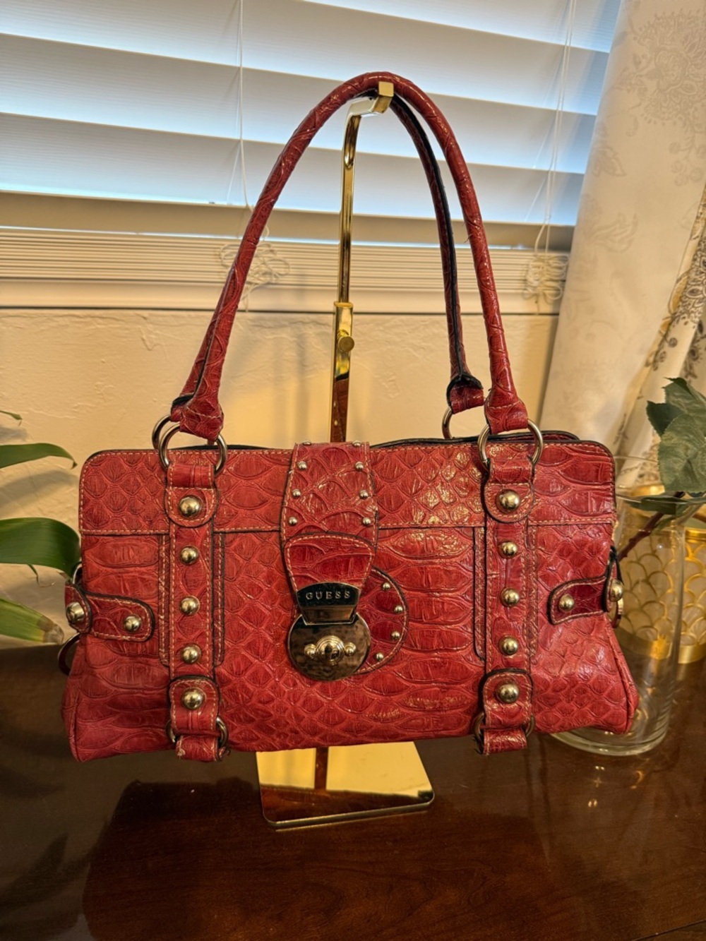 Guess Red Croc-Embossed Studded Shoulder Bag